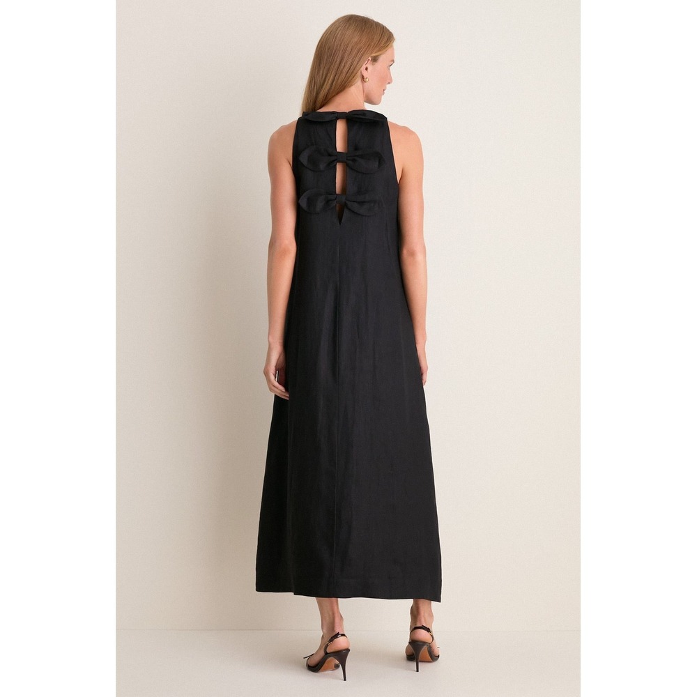NWT Tuckernuck Black Portia Linen Dress Size Large Bow Back Maxi Classic A-Line
